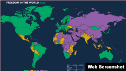 Freedom House ұйымының дүниежүзіндегі еркіндік ахуалы туралы баяндамасындағы карта.