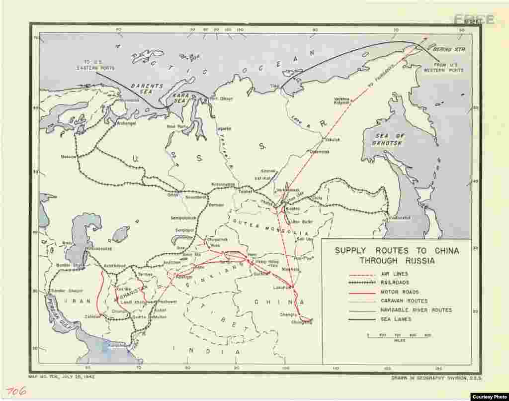 Бұл картада Иран, Ауғанстан және СССР арқылы Қытайға көмек жеткізу жолы көрсетілген. 25 шілде 1942 жыл.