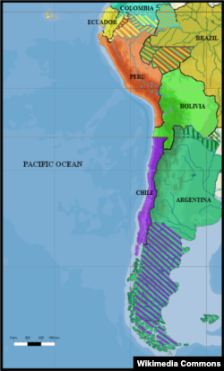 В 1879 году политическая карта Латинской Америки выглядела так. Территориальные претензии соседей друг к другу показаны заштрихованными