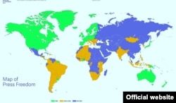 Әлемдегі баспасөз еркіндігі картасы. Жасылмен боялған - баспасөзі еркін, сары - жартылай еркін, көк - еркін емес елдер. (Freedom house ұйымының 2014 жылғы есебі)