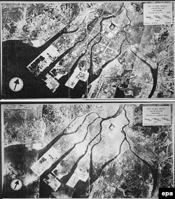 Виды Хиросимы 13 апреля 1945 года (сверху) и 11 августа 1945 года (снизу)