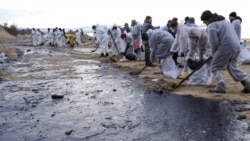 Volunteers remove oil-soaked beach sand near the Black Sea resort town of Anapa 