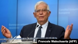 BELGIUM -- European Union foreign policy chief Josep Borrell gives a video press conference with the media after the meeting of EU foreign ministers at the European Council building in Brussels, April 19, 2021