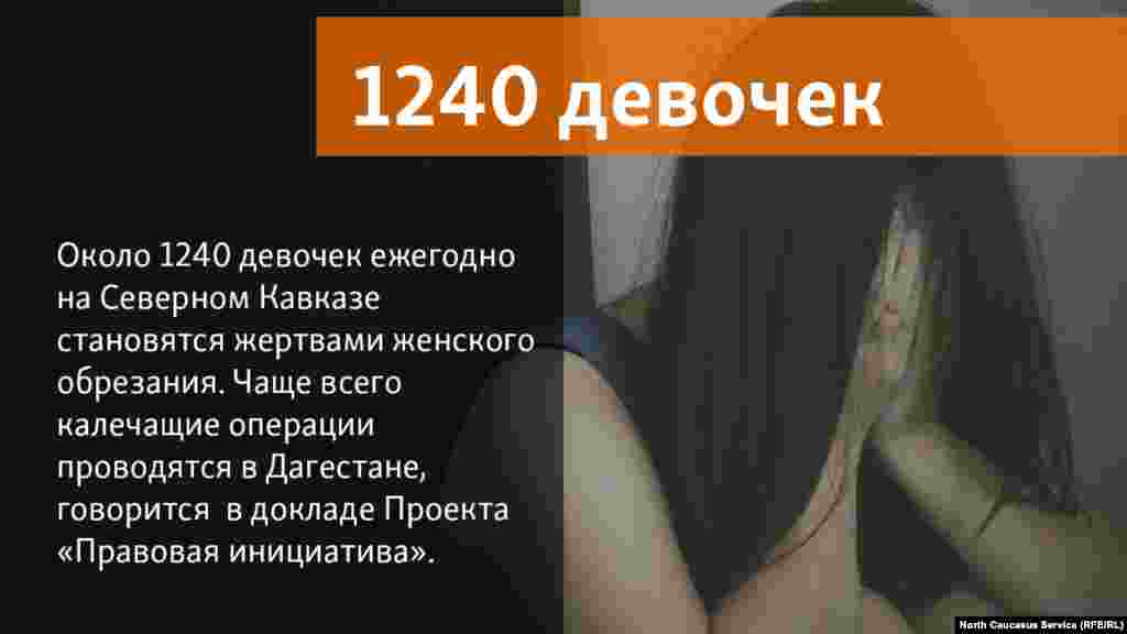 04.06.2018 //&nbsp;Около 1240 девочек ежегодно на Северном Кавказе становятся жертвами женского обрезания. Чаще всего калечащие операции проводятся в Дагестане, говорится &nbsp;в докладе Проекта &laquo;Правовая инициатива&raquo;.